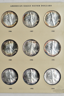 Collection of American Silver Eagles, some beautifully toned, 1986 through 2003.