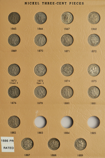 Partial collection of two-cent and three-cent pieces in a Dansco 6108 album.