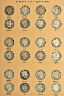 Nearly complete collection of Barber quarters in a Dansco 7130 album.