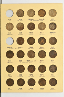 Nearly complete collection of Flying Eagle and Indian-Head cents in a Library of Congress album.
