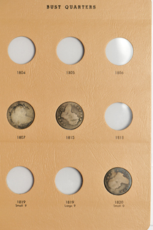 Seven different Bust quarters in a Dansco 6141 album.