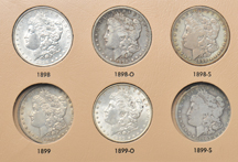 Partial collection of Morgan dollars, 1891-1921, in a Dansco 7179 album.