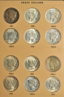 Complete collection of Peace dollars in a Dansco 7175 album.
