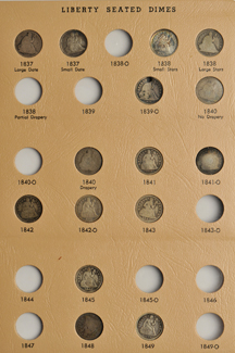 Forty-eight different Liberty Seated dimes in a Dansco 6122 album.