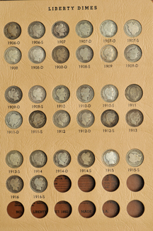 Partial collection of Barber dimes in a Dansco 7121 album.