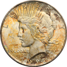 Four different Peace dollars certified by PCGS.