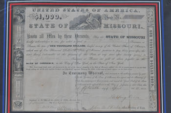 State of Missouri $1000 1853 issue bond signed by Sterling Price