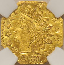 1880 8/7 25-cent Octagonal Indian (BG-799I, R.6) NGC MS-64.