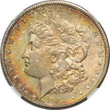 Four toned Morgan dollars, all NGC MS-64.