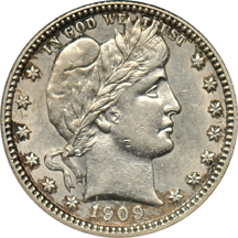 1900 Lafayette dollar, and a 1909-D Barber quarter, as described.