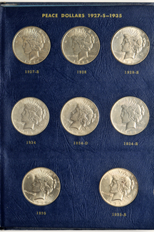 Completely filled Whitman 9430 album-collection of Peace dollars.