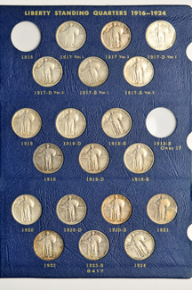 Collection of Standing Liberty quarters, all except the 1916 and 1918/1917-S, in a Whitman 9417 album.