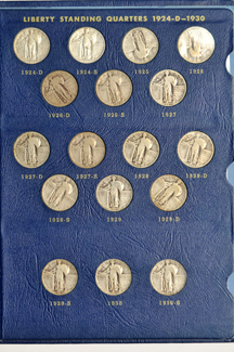 Collection of Standing Liberty quarters, all except the 1916 and 1918/1917-S, in a Whitman 9417 album.