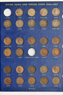 Collection of Flying Eagle and Indian cents, all except the 1856 and 1869/1868, in a Whitman 9402 album.