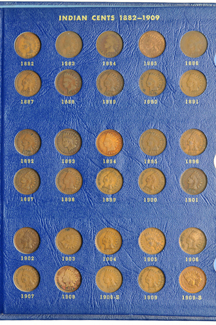 Collection of Flying Eagle and Indian cents, all except the 1856 and 1869/1868, in a Whitman 9402 album.