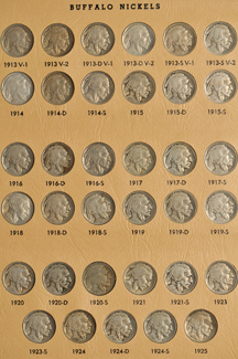 Collection of Buffalo nickels, all except 1916/16 and 1918/7, in a Dansco 7112 album.