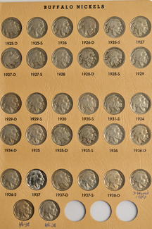 Collection of Buffalo nickels, all except 1916/16 and 1918/7, in a Dansco 7112 album.