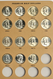 Complete collection of UNC Franklin half-dollars in a Dansco 7165 album.