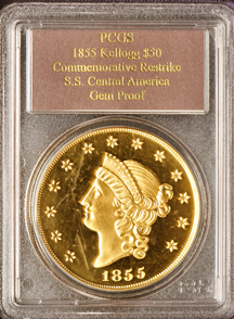 Restrike - 1855 Gold $50, S.S. Central America, PCGS GEM Proof.