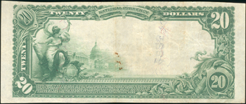 1902 $20 Peirce City, MO Charter# 4225 Blue Seal F/small reverse rust stain.