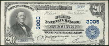 1902 $20 Carthage, MO Charter# 3005 Blue Seal XF.