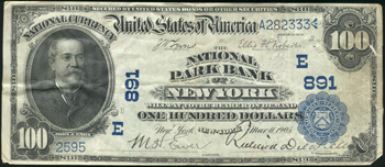 1902 $100 New York, NY Charter# 891 Blue Seal Date Back F/pinholes/tears/torn cornertip.