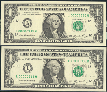 Two 2006 $1 San Francisco with three-digit serial number, Fort Worth facility, both PCGS GemCU-66PPQ.