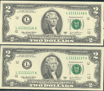 Two 2003-A $2 San Francisco, sequential Fancy Serial Numbers, Fort Worth facility, both PCGS Superb GemCU-67PPQ.