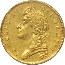 Great Britain - 1687 5 guineas, PCGS Genuine (code 92, AU details/mount removed).