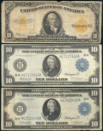 1922 $10 Gold Certificate VG, a pair of 1914 $10 Federal Reserve Notes St. Louis, and a 1928 $10 Gold Certificate.