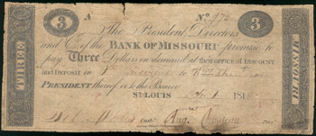 Missouri Territorial - Ste Genevieve $3 signed by Auguste Chouteau.