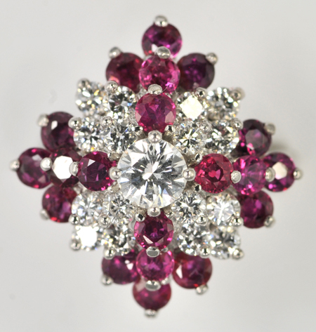 14K White Gold Diamond and Ruby Cluster Ring