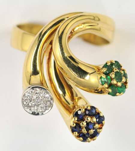 18K Yellow Gold Diamond, Sapphire and Emerald Ring