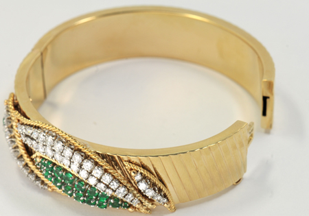 14K Yellow Gold Diamond and Emerald Bangle