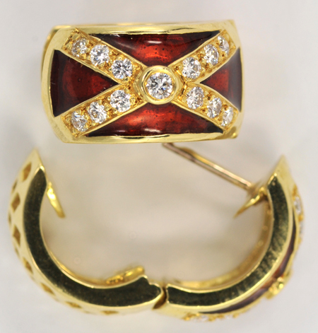 18K Yellow Gold Diamond and Enamel Earrings