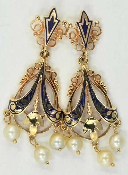 14K Yellow Gold Enamel and Pearl Earrings