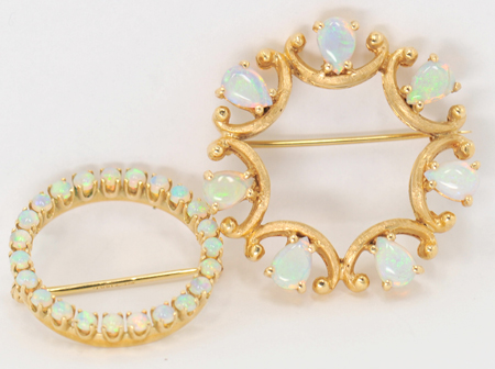 Two 14K Yellow Gold Opal Pins