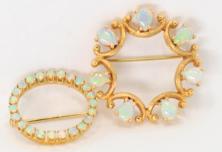 Two 14K Yellow Gold Opal Pins