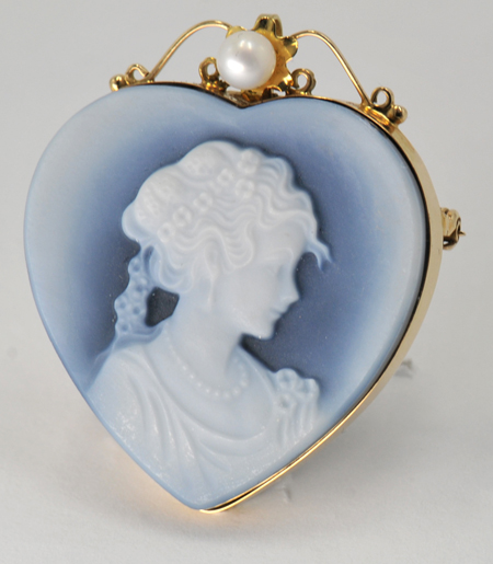 14K Blue Agate Cameo Pin/Pendant