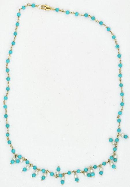 14K Yellow Gold Turquoise and Pearl Necklace