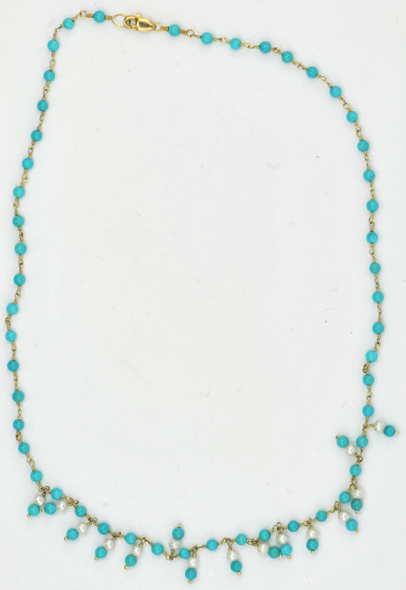 14K Yellow Gold Turquoise and Pearl Necklace