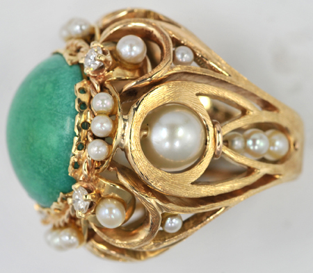 14K Yellow Gold Pearl, Diamond and Turquoise Handmade Ring