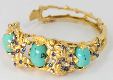 18K Yellow Gold Turquoise, Diamond and Sapphire Bracelet