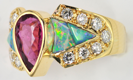 18K Yellow Gold Ruby, Opal and Diamond Ring