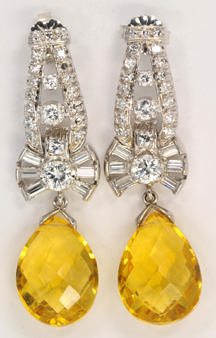 14K White Gold Diamond and Citrine Earrings