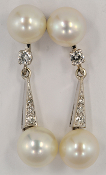 14K White Gold Diamond and Pearl Dangle Earrings