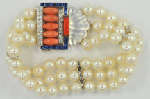 Pearl Necklace and Bracelet Set with Coral and Sapphire