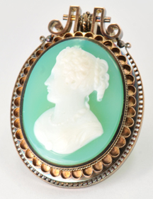 Etruscan 21K Green Onyx Carved Cameo Pin