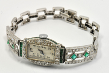 Platinum Art Deco Emerald and Diamond Watch