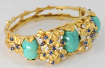 18K Yellow Gold Turquoise, Diamond and Sapphire Bracelet